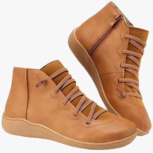 Women’s Ankle Boots – Lace-Up and Side Zip – Cushioned Flat Sole – Sleek Fit Brown