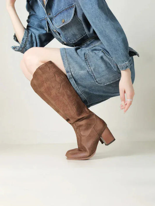Women’s Cowboy Boots – Knee High – Suede Feel – Western Stitching – Rounded Toe Heel Brown
