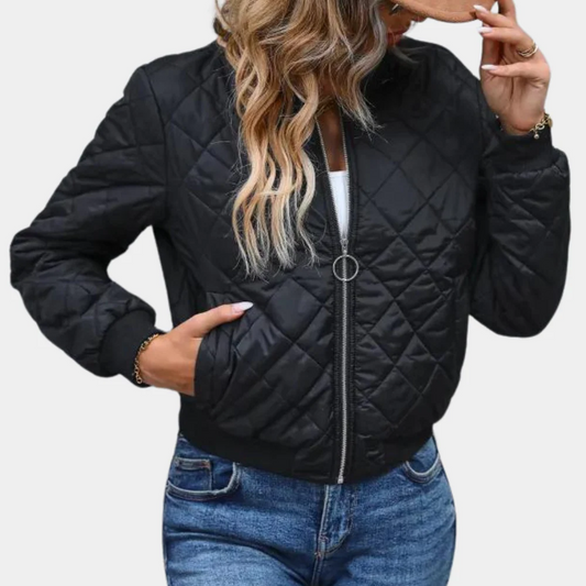Women’s Bomber Jacket – Quilted Diamond Design – Relaxed Fit – Ribbed Trim – Zip Front Black
