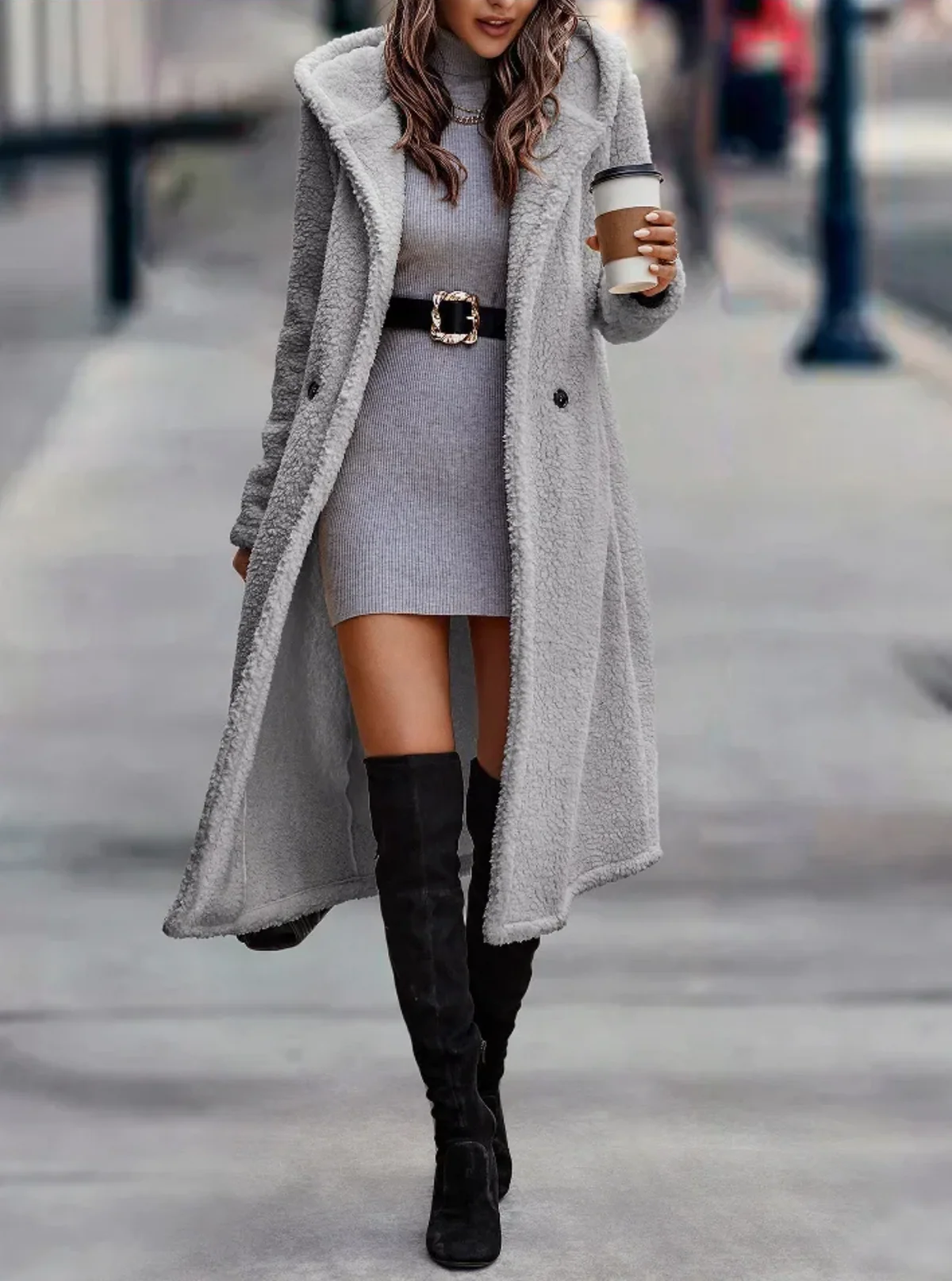 Women's Premium Teddy Overcoat - Cozy Hooded Calf Length - CloudWrap Light Gray