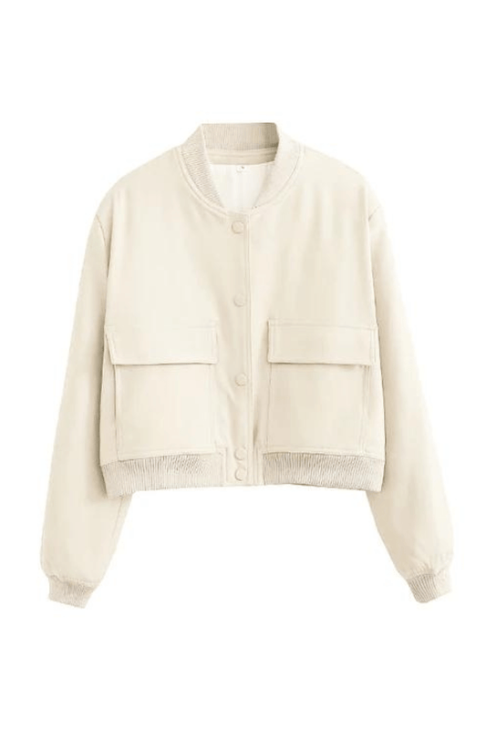 Women's Cropped Varsity Jacket - Classic Chic Button-Up - VarsityVogue Beige