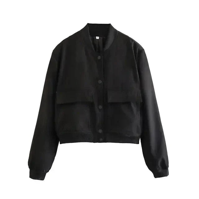 Women's Cropped Varsity Jacket - Classic Chic Button-Up - VarsityVogue Black
