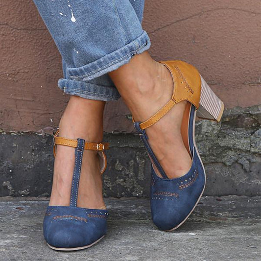 Women’s High Heels – Suede Finish – T-Strap – Block Heel – Perforated Toe – Buckle Closure Blue