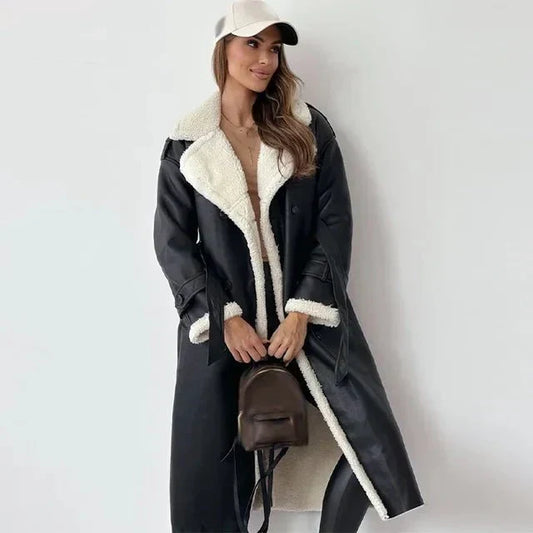 Women's Shearling Leather Long Coat - Double-Breasted Elegance - Winterfell