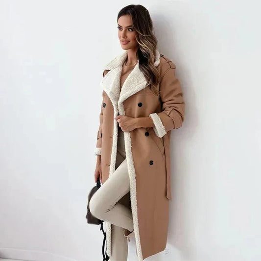 Women's Shearling Leather Long Coat - Double-Breasted Elegance - Winterfell