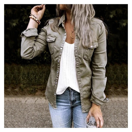 Women’s Denim Jacket – Tailored Fit – Button Front – Chest Pockets – Breathable Layer Gray
