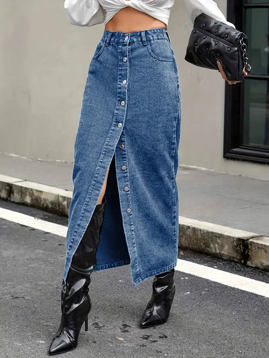 Women's Denim Midi Skirt High Waist Button-Down - DenimChic