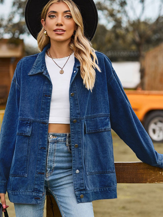 Women's Oversized Denim Jacket with Pockets - UrbanEdge