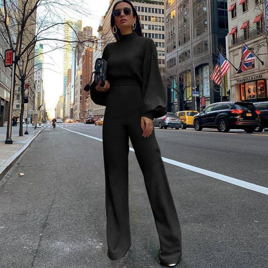 Women's Slim Fit Jumpsuit - High Collar, Long Sleeve - StyleSculpt