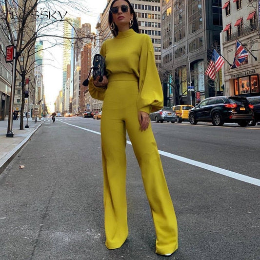 Women's Slim Fit Jumpsuit - High Collar, Long Sleeve - StyleSculpt