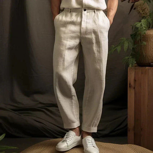 Men’s Straight-Leg Trousers – Relaxed Fit – Linen – Full Length Beige