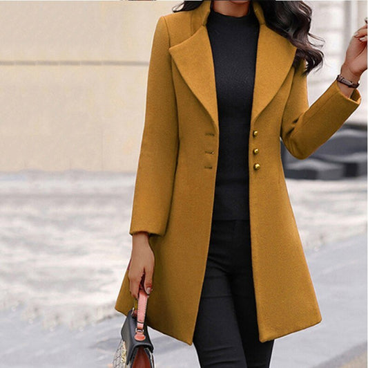 Women's Wool Blend Tailored Coat - Chic Mid-Thigh Overcoat - CityStyle Yello
