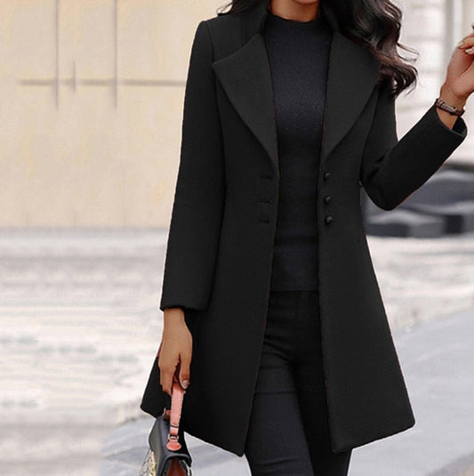 Women's Wool Blend Tailored Coat - Chic Mid-Thigh Overcoat - CityStyle Black