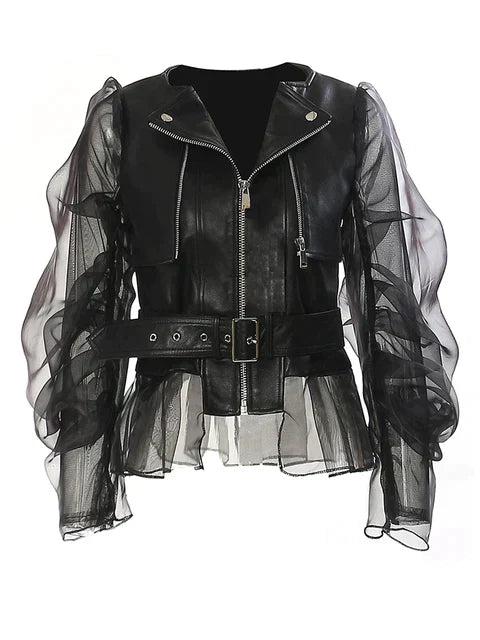 Women's Faux Leather Ruffle Sleeve Jacket - UrbanEdge Black