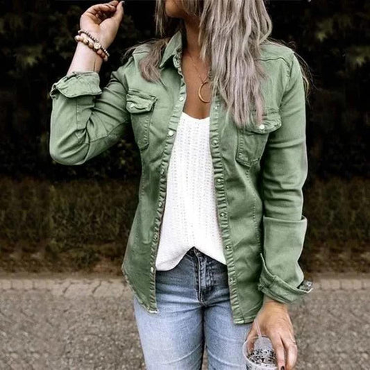 Women’s Denim Jacket – Tailored Fit – Button Front – Chest Pockets – Breathable Layer Green