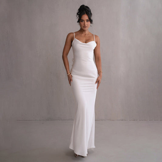 Women's Evening Prom Gown Dress - Satin Floor-Length - Backless Floral Appliqué - Form-Fitting White