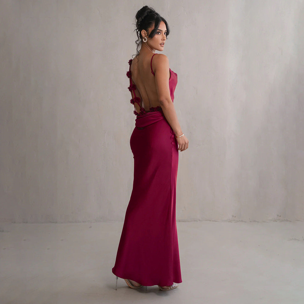 Women's Evening Prom Gown Dress - Satin Floor-Length - Backless Floral Appliqué - Form-Fitting Wine Red