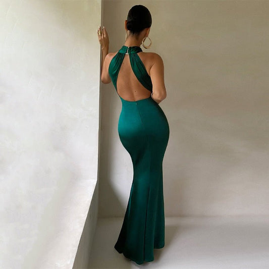 Women's Halter Maxi Dress - Elegant Satin Evening Gown - SatinGlow