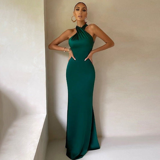 Women's Halter Maxi Dress - Elegant Satin Evening Gown - SatinGlow
