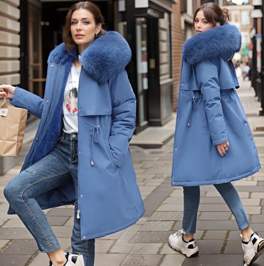 Women’s Quilted Coat – Water-Resistant – Faux Fur Hood – Relaxed Fit – Knee-Length Blue