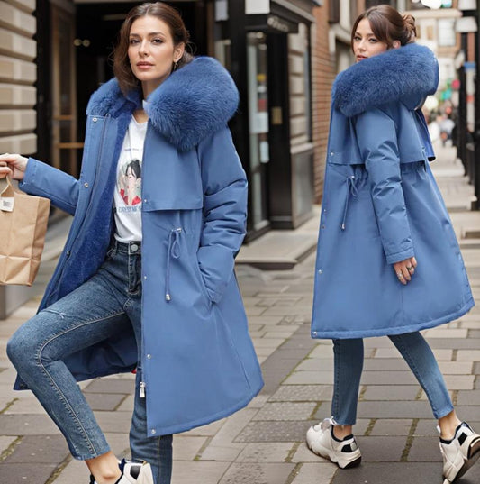 Women’s Quilted Coat – Water-Resistant – Faux Fur Hood – Relaxed Fit – Knee-Length Blue