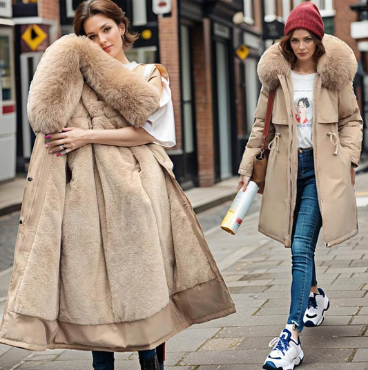 Women’s Quilted Coat – Water-Resistant – Faux Fur Hood – Relaxed Fit – Knee-Length Beige