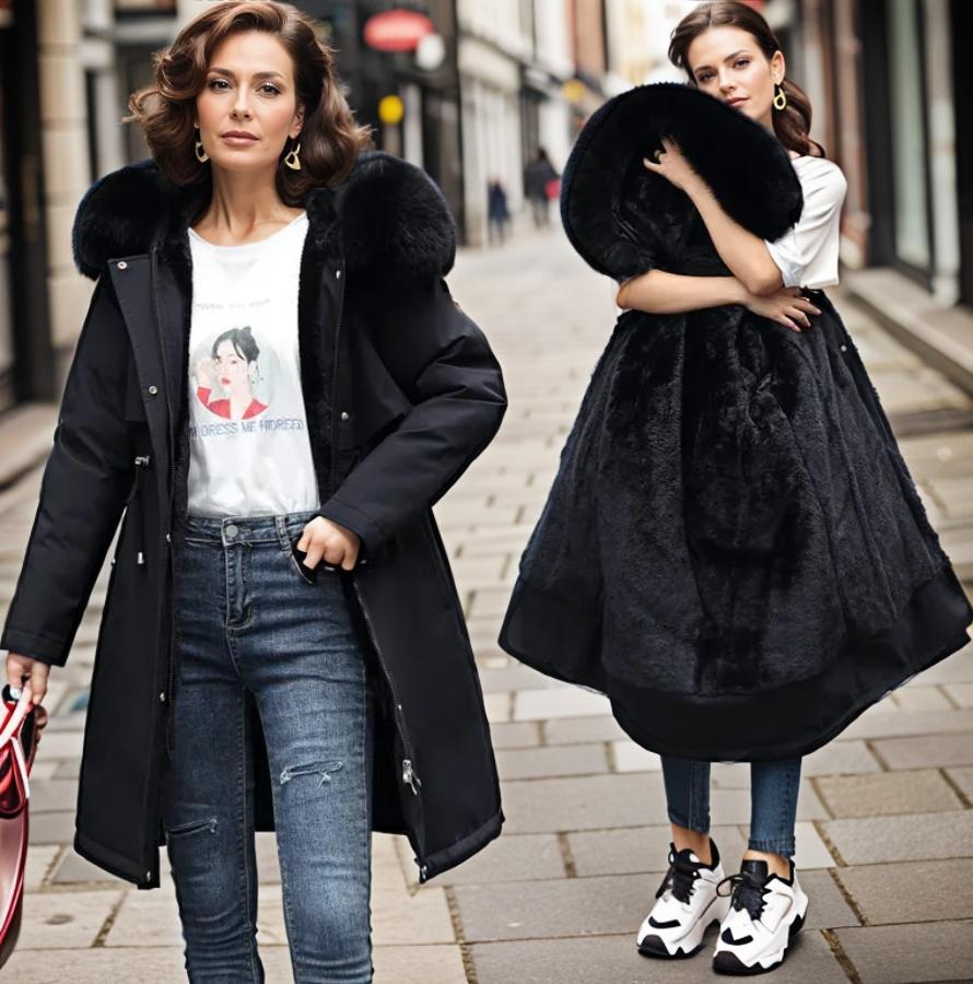 Women’s Quilted Coat – Water-Resistant – Faux Fur Hood – Relaxed Fit – Knee-Length Black