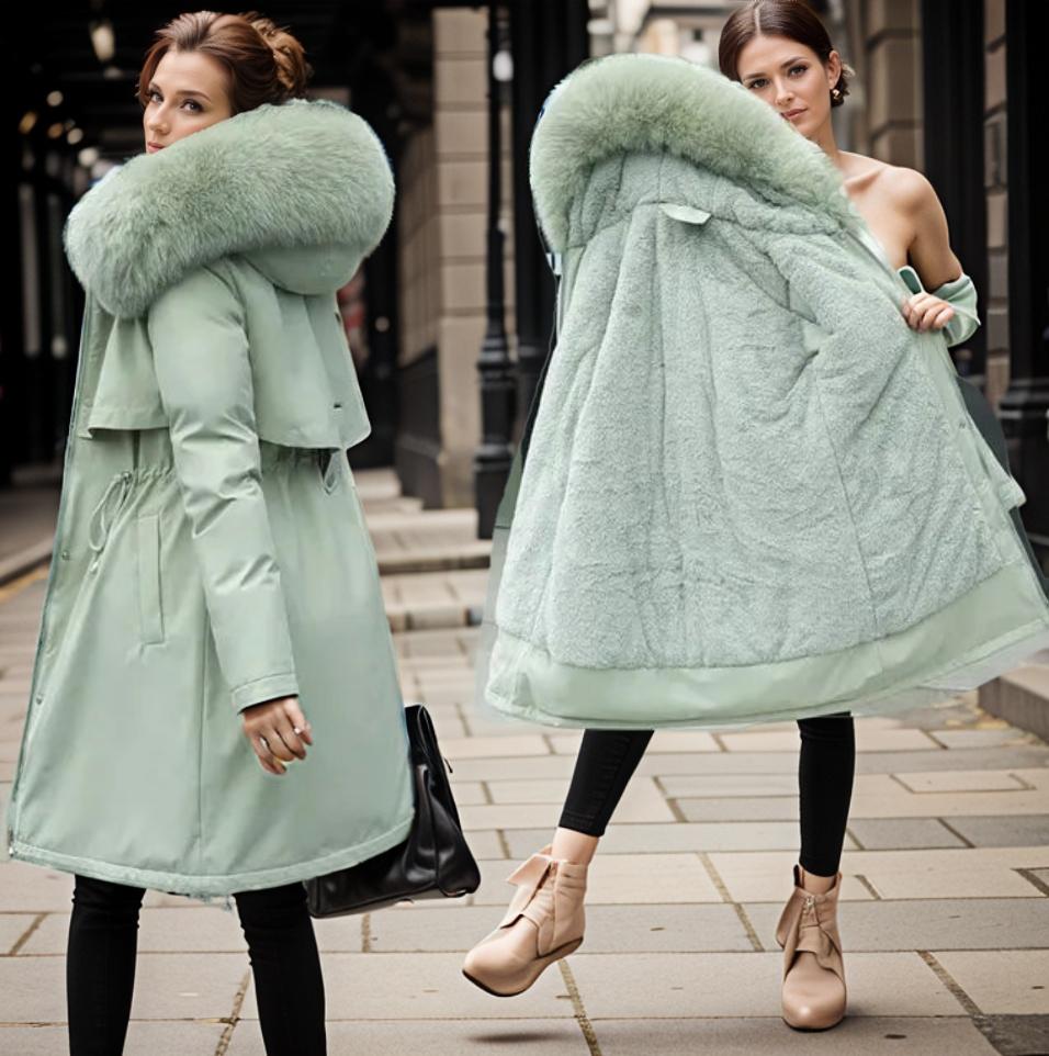 Women’s Quilted Coat – Water-Resistant – Faux Fur Hood – Relaxed Fit – Knee-Length Green