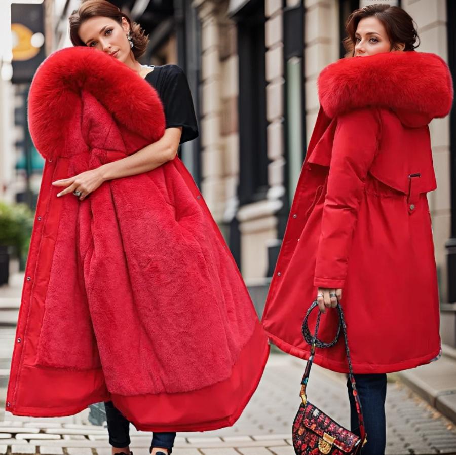 Women’s Quilted Coat – Water-Resistant – Faux Fur Hood – Relaxed Fit – Knee-Length Red