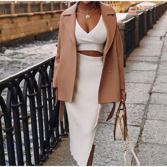 Women's Knit 2-Piece Set - V-Neck Crop Top & Midi Skirt - KnitChic
